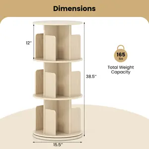 COSTWAY - 3-Tier Rotating Bookshelf with Dividers and Anti-falling Baffles-Natural