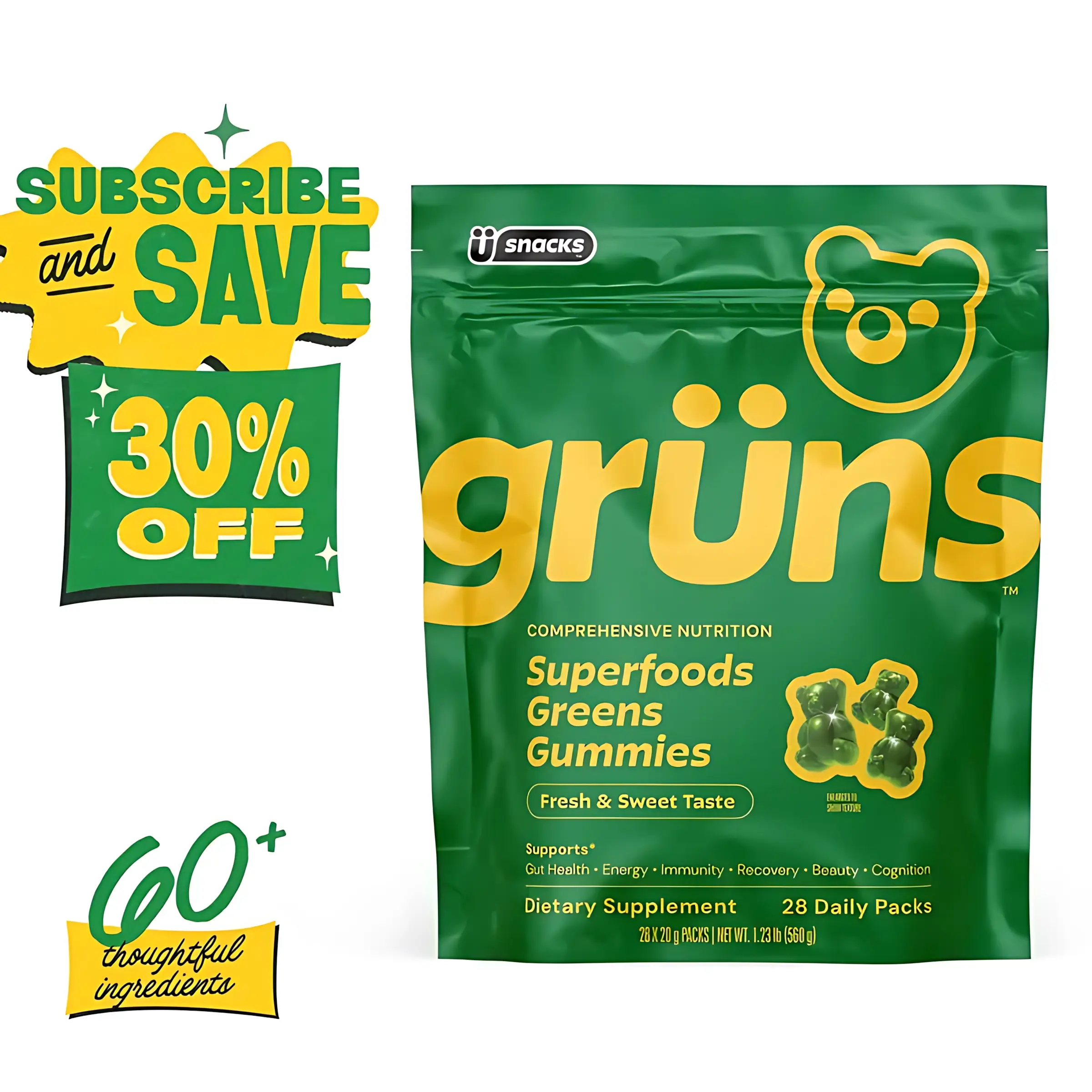Grüns Superfood Greens Gummies: Comprehensive nutrition supplement with 60+ ingredients: Vitamins and Minerals, Prebiotics for Digestive Health, Adaptogens, Chlorophyll, Chlorella, Fruits and Vegetables, Gluten Free, Vegan, Third Party Tested