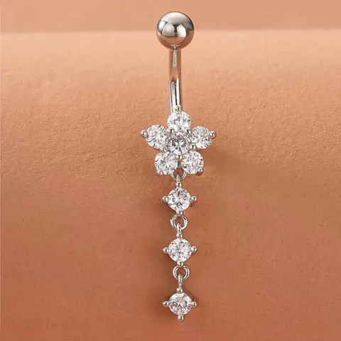 Women's Elegant Rhinestone Decor Belly Ring, Navel Ring, Belly Piercings, Summer 2024 Trendy Flower Design Belly Button Piercing Ring, Chic Body Jewelry for Women for Party Decor