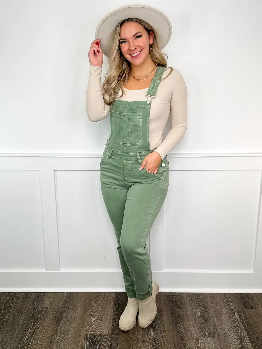 Judy Blue Joanna Boyfriend Overalls for Women, High-Rise Soft Stretchy Denim in Sage with Adjustable Straps, Strappy, Casual, Basic, Sleeveless, Plus Sizes, Very Stretchy, Cotton, Xl, Polyester, Minimalist