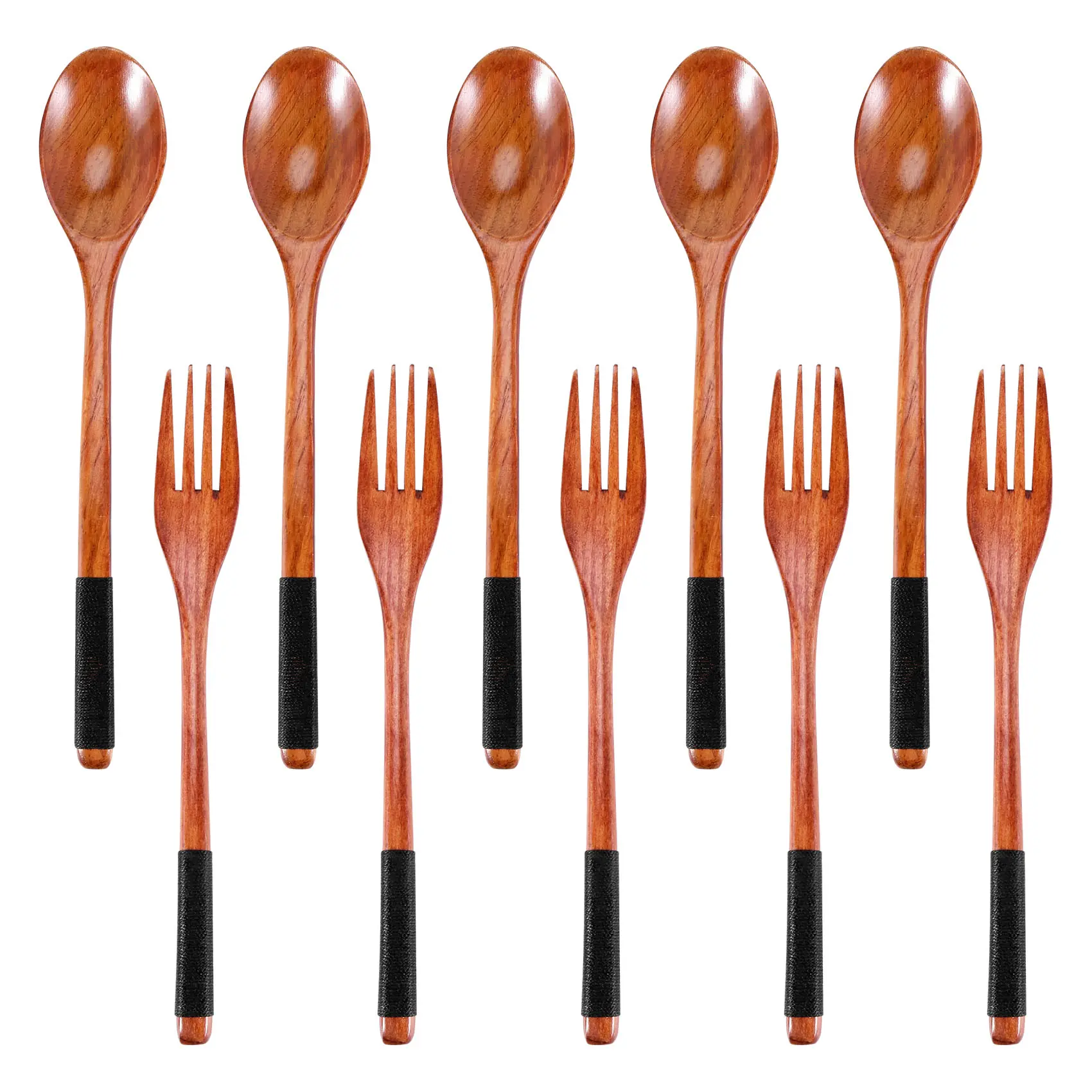 Wooden Spoons Forks Set Japanese Style Wooden Utensils Set for Eating Wood Flatware Set Reusable (Black Cords,10 Pieces)