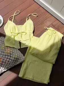 Women's Linen Woven Fabric Breathable Lightweight Cream Yellow Fitted Crop Tank Top And Pants Set, Summer