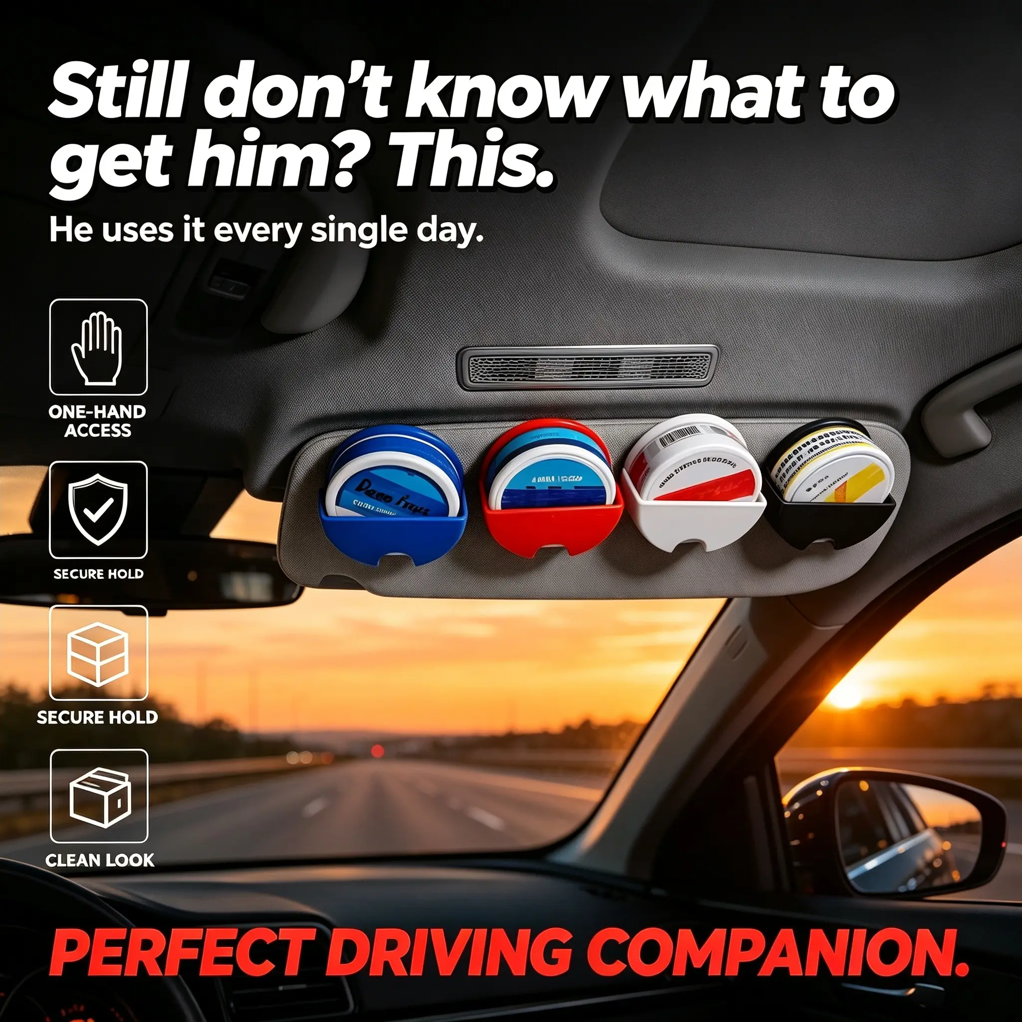 (FS) Upgraded Car Visor Dip Can Holder - Car Organizer, Auto Accessories - Stronger ABS, Bigger Fit, Sleek Finish, Tool-Free Mount, Quick Access - For Round Cans, Nicotine Pouches (ZYN,VELO,ZONE,PABLO,KILLA,FOX) - Gift For Him, Boyfriend, Husband, Men's A