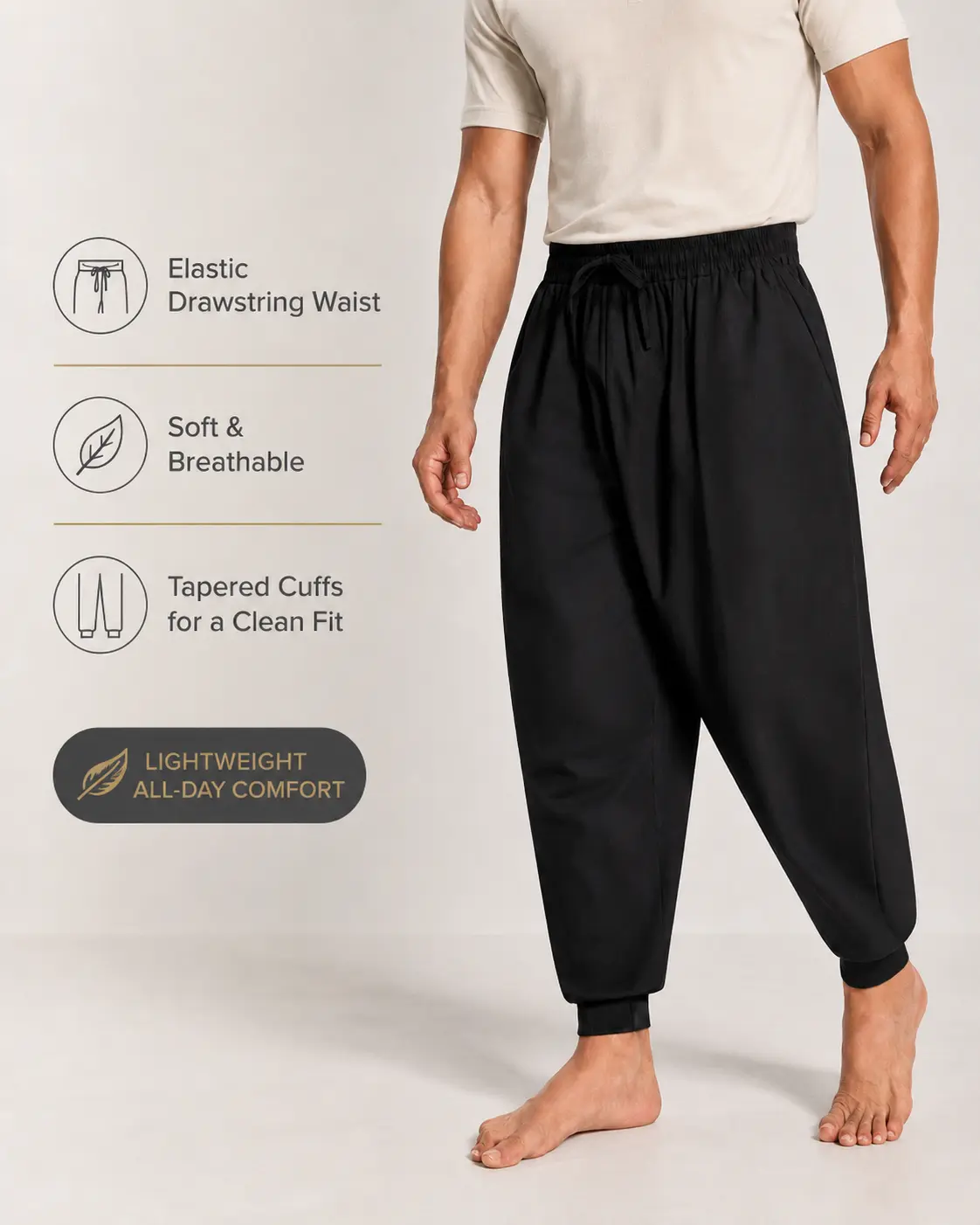 Men's Cotton Linen Harem Pants, Loose Fit Drawstring Joggers with Elastic Waist  Tapered Cuffs, Lightweight Baggy Casual Lounge Pants