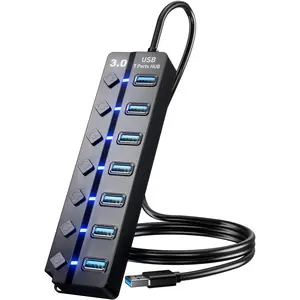 USB 3.0 Hub,  7-Port USB Data Hub Splitter with 3ft Long  USB Extension for Laptop,PC Computer,Surface Pro, PS4/5, Flash Drive, Mobile HDD - with LED Individual On/Off