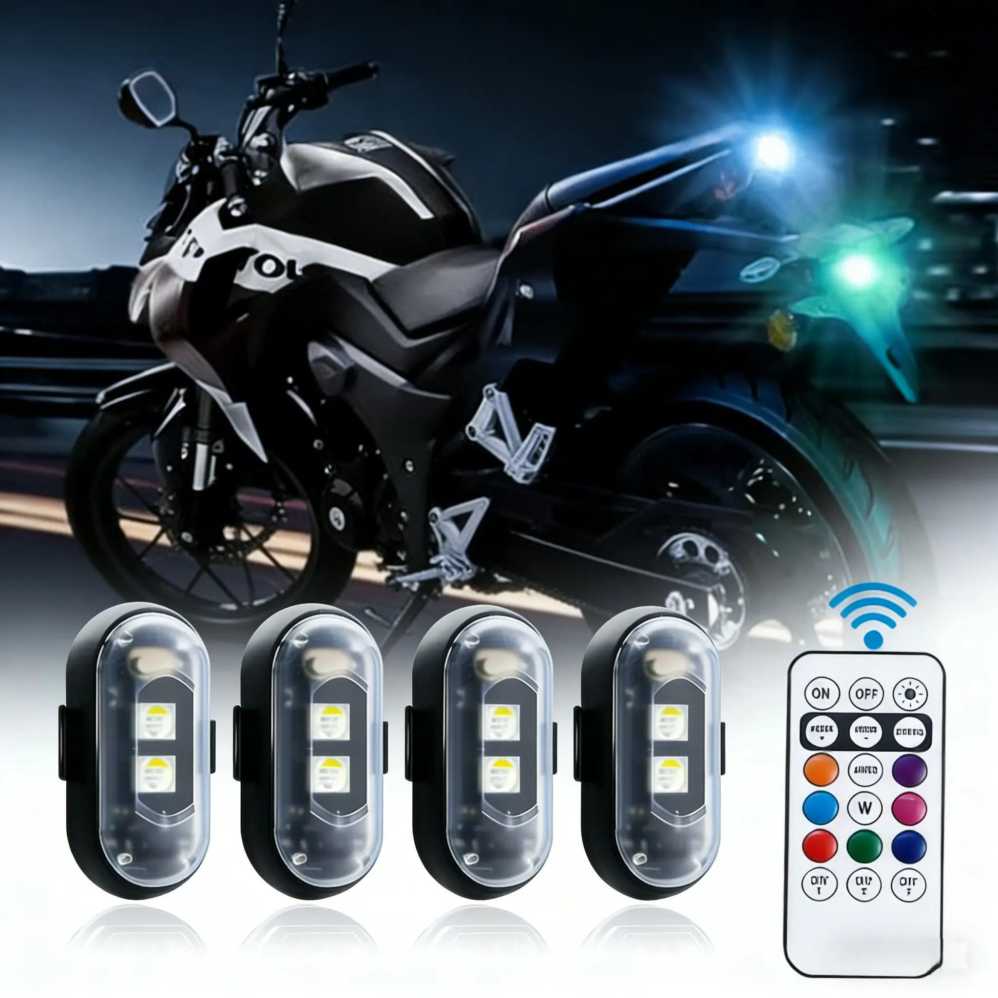 RGB Motorcycle Underglow LED Lights Kit, Wireless Remote Control Multicolor Waterproof Wheel Well Accent Glow Lights, Universal Fit Motorcycles Scooters, Multiple Lighting Modes DIY Decor Lights (1/2/4PCS Optional)