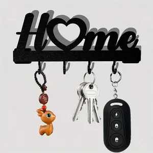 Home Love Shape Key Chain Wall Mounted Organizer Rack, Room Accessories, with Hooks, Transparent Nano Tape, No Drilling, Ideal for Living Room Decor