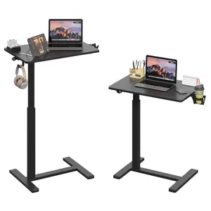 26"×19" Ergonomic Side Column Gas Spring Height Adjustable Laptop Desk with Hidden Rolling Casters, Portable Sit-Stand Mobile Bed Side Office Table, Space-Saving Over Bed Couch Tray for Working Reading Eating, Equipped with Cup Holder & Headphone Hook