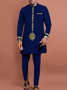 Traditional Muslim Modesty African Style Men's Wedding Suit Set, Round Neck Long Sleeve Top Kurta and Pants, 2 Piece Set, Formal Wear