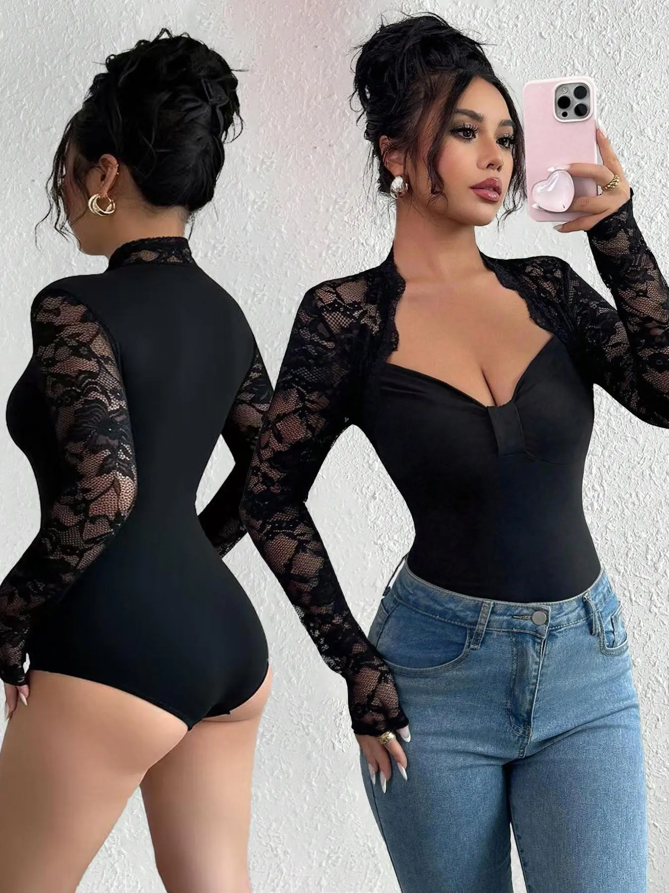 Women's Fall Winter Fashion Design Big V-Neck Solid Color Long Sleeve Jumpsuit, Lace Patchwork, Versatile Stylish One-Piece, Bodysuit