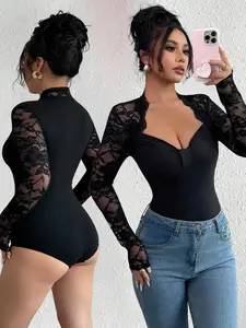 Women's Fall Winter Fashion Design Big V-Neck Solid Color Long Sleeve Jumpsuit, Lace Patchwork, Versatile Stylish One-Piece