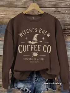 Women's Witch's Brew Coffee Halloween Print Knit Crew Neck Fitted Sweatshirt, Casual Long Sleeve Pullover for Daily Wear, Ladies Fall & Winter Clothes, Womenswear Tops, Round Neck, Knitwear, Sweatshirt Only, Garment