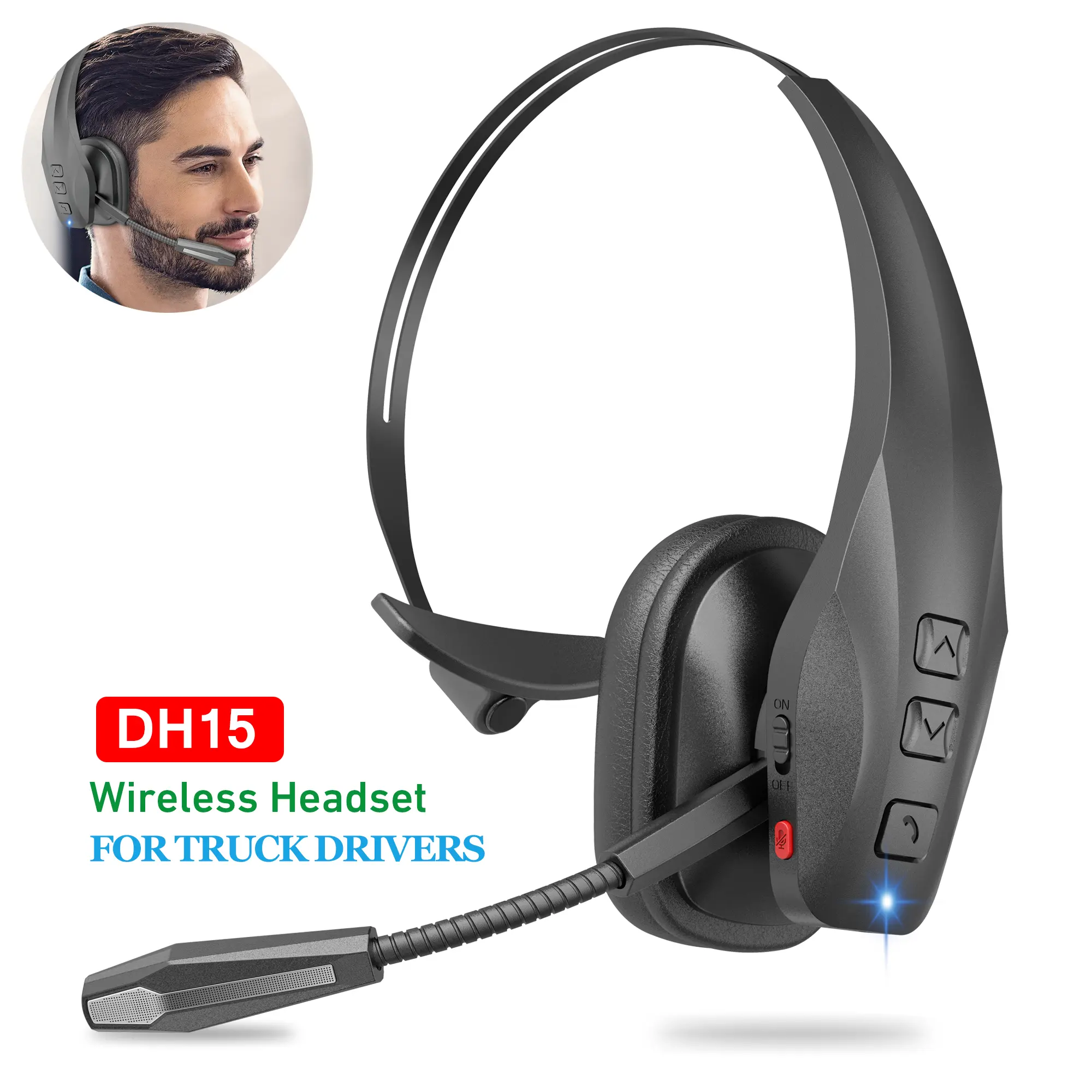 DH15 Trucker Bluetooth Headset - Wireless Electronic Headphones with Dual Noise Cancelling Microphone, Mute Button, 55Hrs Battery Life, Adjustable Design, Charging Function for Mobile Phones, Computer, Truck Drivers,summerwins
