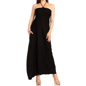 Sakkas Soft Jersey Feel Solid Color Smocked Bodice String Halter Long Dress