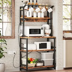 IRONCK Bakers Rack with Power Outlet, Microwave Stand with Storage, Coffee bar with 9 Hooks, 5 Tier Large Storage Capacity and Strong Metal Material for Kitchen, Vintage Brown Easy to Assemble