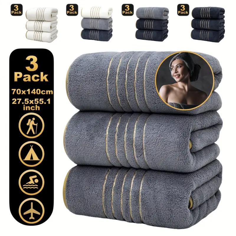 [Soft Bath Towels] 3pcs Ultra Soft Coral Velvet Bath Towels, Bathroom Towel Set, Super Absorbent, Quick-Dry, 70x140cm, Striped Design with Golden Accents, Striped Pattern Towel, Perfect for Home or Spa Use, Quick Drying Towel