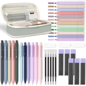 38 PCS Aesthetic School Supplies with Big Capacity Pen Case, 12 Color Pastel Highlighters, 5 Quick Dry Retractable Black Ink Pens, 6 Pastel Mechanical Pencil 0.5 & 0.7 mm for Student Stationary