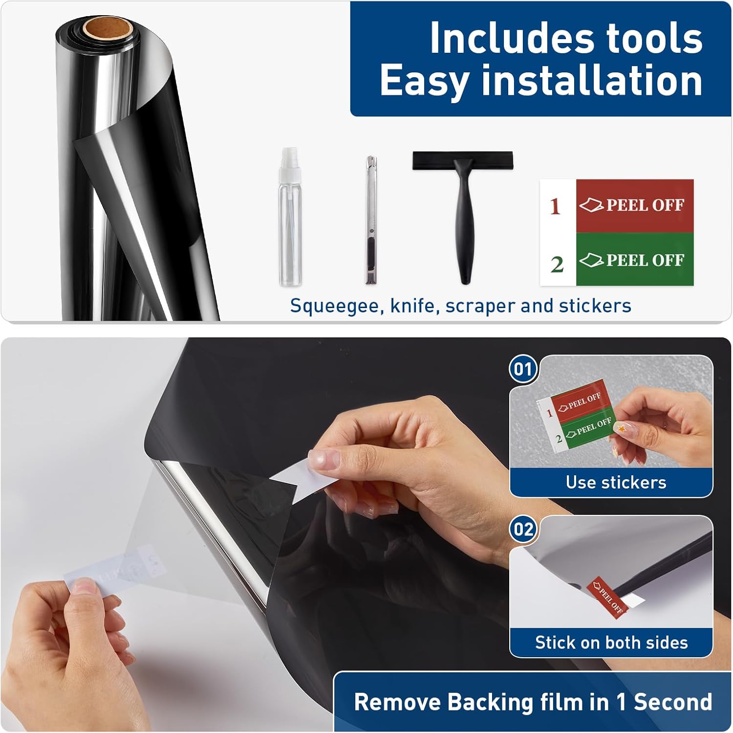 One Way Privacy Window Film with Tools, Window Tint Adhesive Shatterproof Film for Home, Premium PET Heat Control Daytime Reflective Mirror Coverings, Black, 17.5 x 78.7 Inch