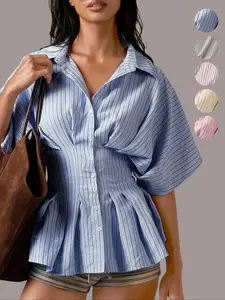 Women's Striped Shirt Blouse, Casual Short Sleeve Collar Top for Daily Wear, Ladies Clothes for Work Office Business