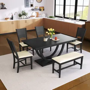 [Bellemave] 6-Piece Wood Half Round Dining Table Set for 6 People| 1 Long Bench & 4 Chairs| Modern Kitchen Table Set