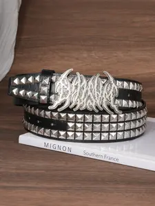 Unique Irregular Buckle Punk Studded Belt with Square Bead Decor, PU Waist Belt for Women, European & American Punk Rock Style for Jeans