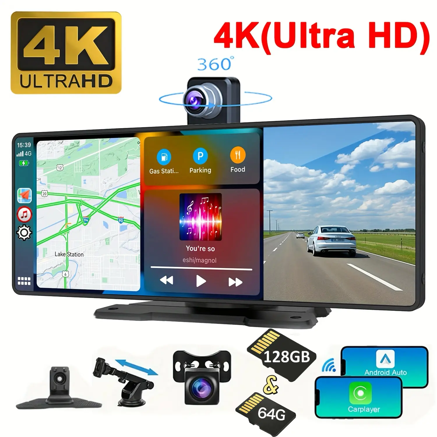 10.26” Wireless Portable CarPlay & Android Auto 4K Ultra HD Smart Display Audio Receiver with Mirror Link Bluetooth Voice Control GPS Navigation Car Accessories for Men