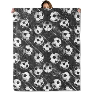 Soccer Blanket 50X60 in, Black and White BallPattern, Flannel Throw for Travel Camping Sofa Living Room, Lightweight Cozy Soft Fuzzy Gifts for Men Boys Sport Fans