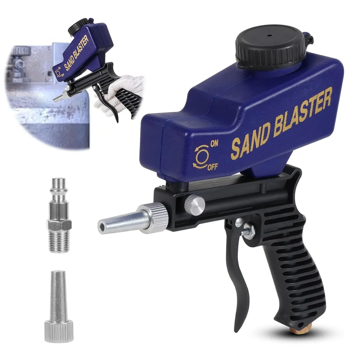 Sandblasting gun, pneumatic sandblaster, small handheld sandblaster, portable for home use, metal cleaning and restoration tool