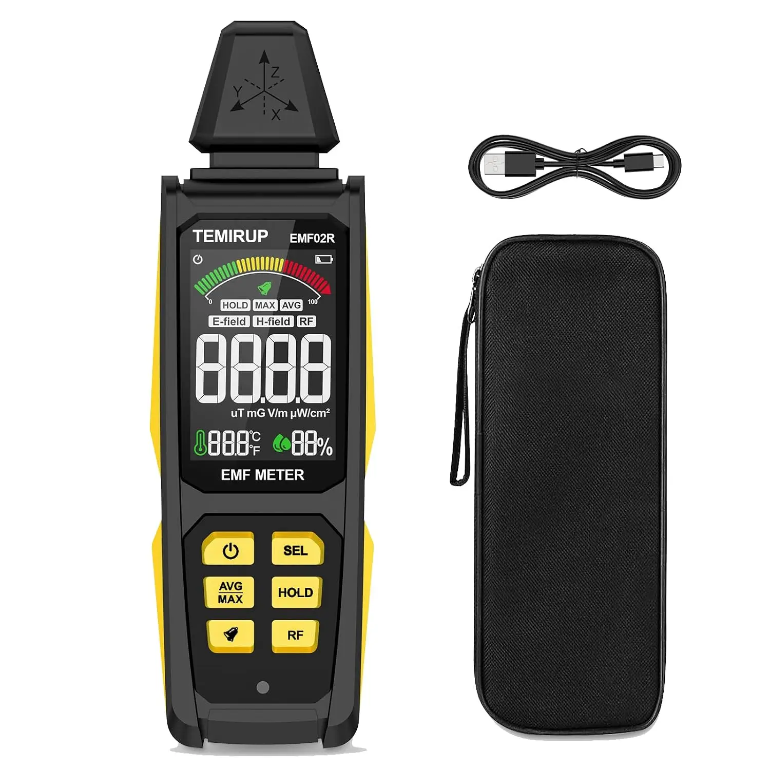 TEMIRUP 5-in‑1 EMF Detector, Portable EMF and Magnetic Field Detector, Electromagnetic Field Radiation Detector for EF, RF, MF, WiFi,5G Signal, Rechargeable EMF Meter for Home, Office, and Paranormal Investigation,Yellow