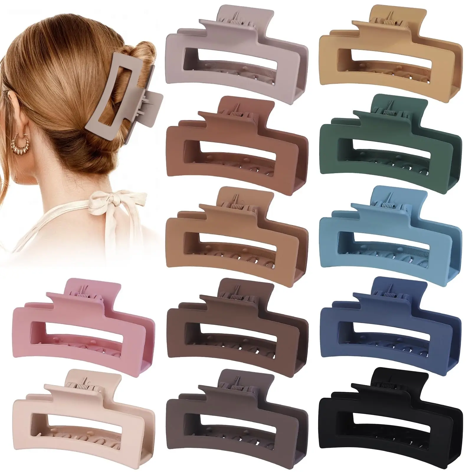 12 Pack 3.5 Inch Matte Square Hair Claw Clips for Women, Strong Hold Neutral Claws for Thick Thin Hair, Flat Claw Clip(Multicolor)