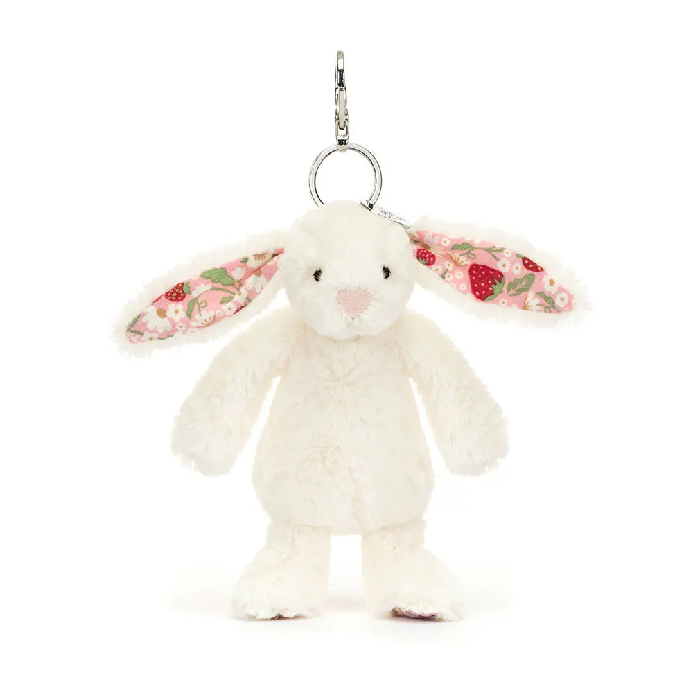 Jellycat Blossom Strawberry Bunny Bag Charm | Cute White Bunny Floral Ear Plush Keychain | Aesthetic Soft Bunny Keyring for Backpack & Purse Gift