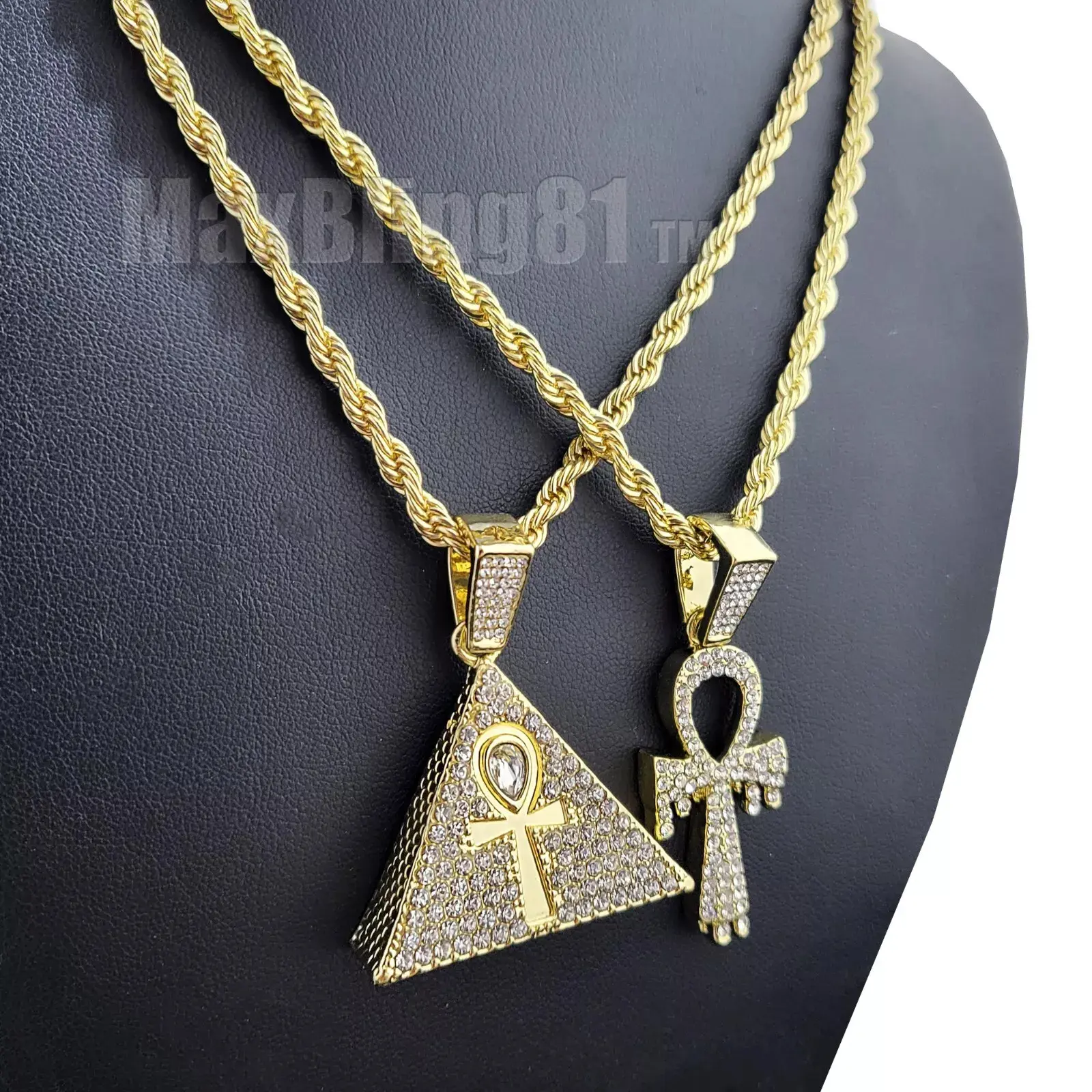 MaxBling81 Ankh Symbol Egyptian Pendant Necklace, Iced Gold-Plated Drip Ankh Cross & Pyramid Charm, 4mm 24" Rope Chain & Link, Unisex Hip Hop Fashion Costume Jewelry, Ankh Symbol Necklace