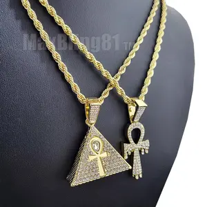 MaxBling81 Ankh Symbol Egyptian Pendant Necklace, Iced Gold-Plated Drip Ankh Cross & Pyramid Charm, 4mm 24" Rope Chain & Link, Unisex Hip Hop Fashion Costume Jewelry, Ankh Symbol Necklace