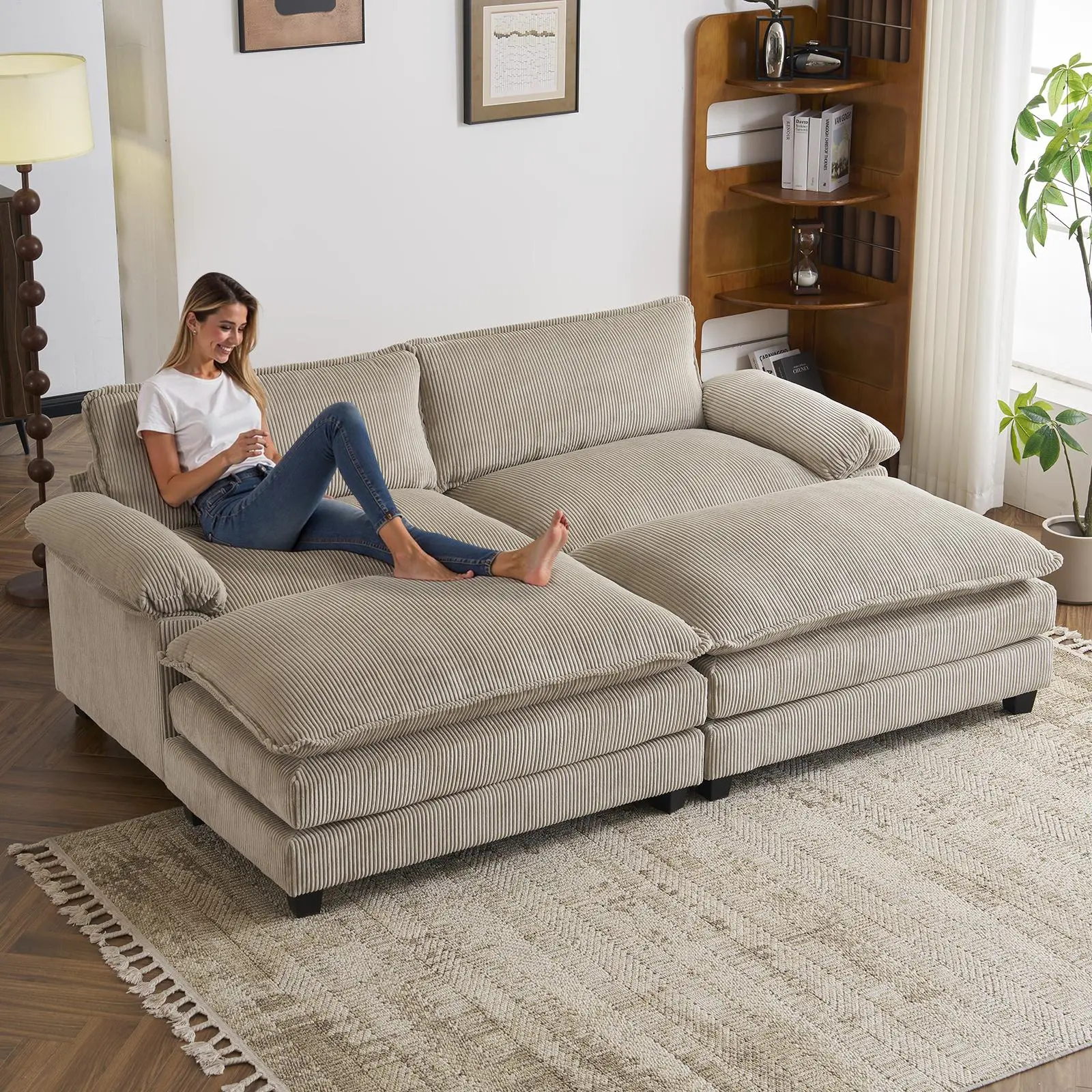 【3 Packages】Karl home Modern Sectional Couch, Indoor Corduroy Sofa with Ottoman, Full Size Bed Comfortable Soft Cushion Furniture with Wood Grain Legs, Suitable for Living Room(2-Seat & 2-Ottoman)