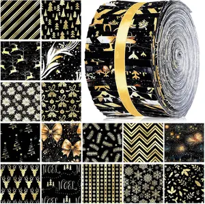40 Pcs Black and Gold Jelly Fabric for Quilting Roll Winter Snowflake Fabric Squares Xmas Tree Deer Gold Quilting Strip 2.55 Inch