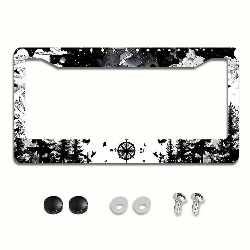 1pc Black & White Wilderness Metal License Plate Frame with Eagle Motif, Heat-Resistant Decorative Car Accessory with Installation Hardware