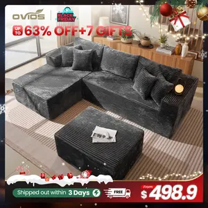 【2 Packages Shipping】Ovios 108" Sectional Cloud Couch with Ottoman for Living Room, Modular L Shaped Sofa with Plush Corduroy, Big Boneless Couches Set with Fluffy Memory Foam, Stupendous U Shaped Sofas with Chaise - No Assembly Required