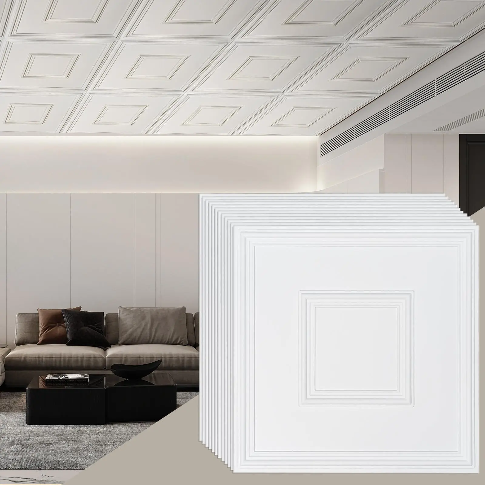 【DealsForYouDays】VEVOR Ceiling Tiles, 12-Pack 24 x 24 in, Drop Ceiling Tiles Premium PVC Sheet, Easy Installation/ Cutting Plastic Glue-up Ceiling Tile, Ceiling Covering for Home/Office Decoration, White Geometric