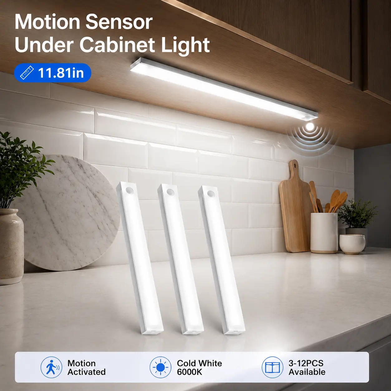 Rechargeable Magnetic Under-Cabinet Rectangular Bar LED Lights - Motion Sensor, ABS Plastic, Power-Saving Modern Sleek Design, Long-Lasting Lithium Polymer Batteries, Ambient Indoor Multifunctional Sink-Side Slim Downlight for Kitchen Festive Decor, Ambie