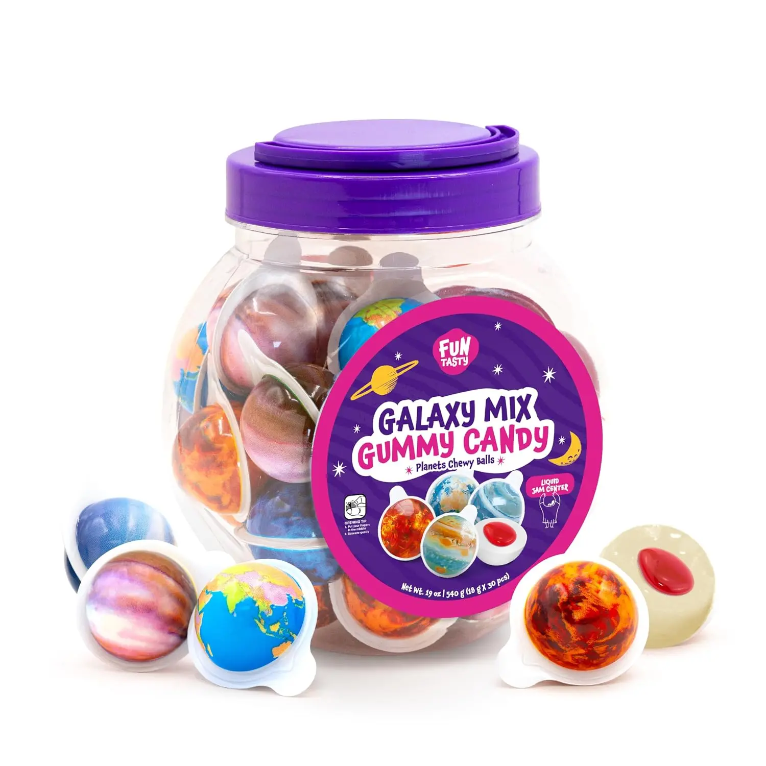 Gummy Planets Mix, Individually Wrapped Planet Gummies - 30 Count | 19 Oz Jar, Strawberry Jam Center, Gummy Balls