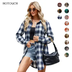 Women's Flannel Plaid Shirts Roll Up Long Sleeve Collared Button Down Boyfriend Shirts with Pockets Blouse Casual Cotton Top Womenswear Check Dress Elegant Lightweight Loose