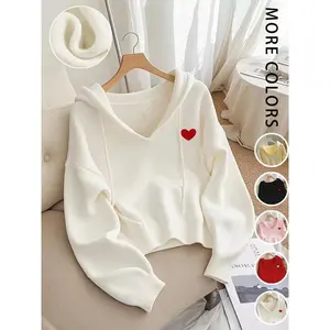 Women's Casual Knit Pullover Sweater, V Neck Hooded Sweatshirt, Loose Fit, Heart Embroidery, Fall & Winter Fashion（gift）