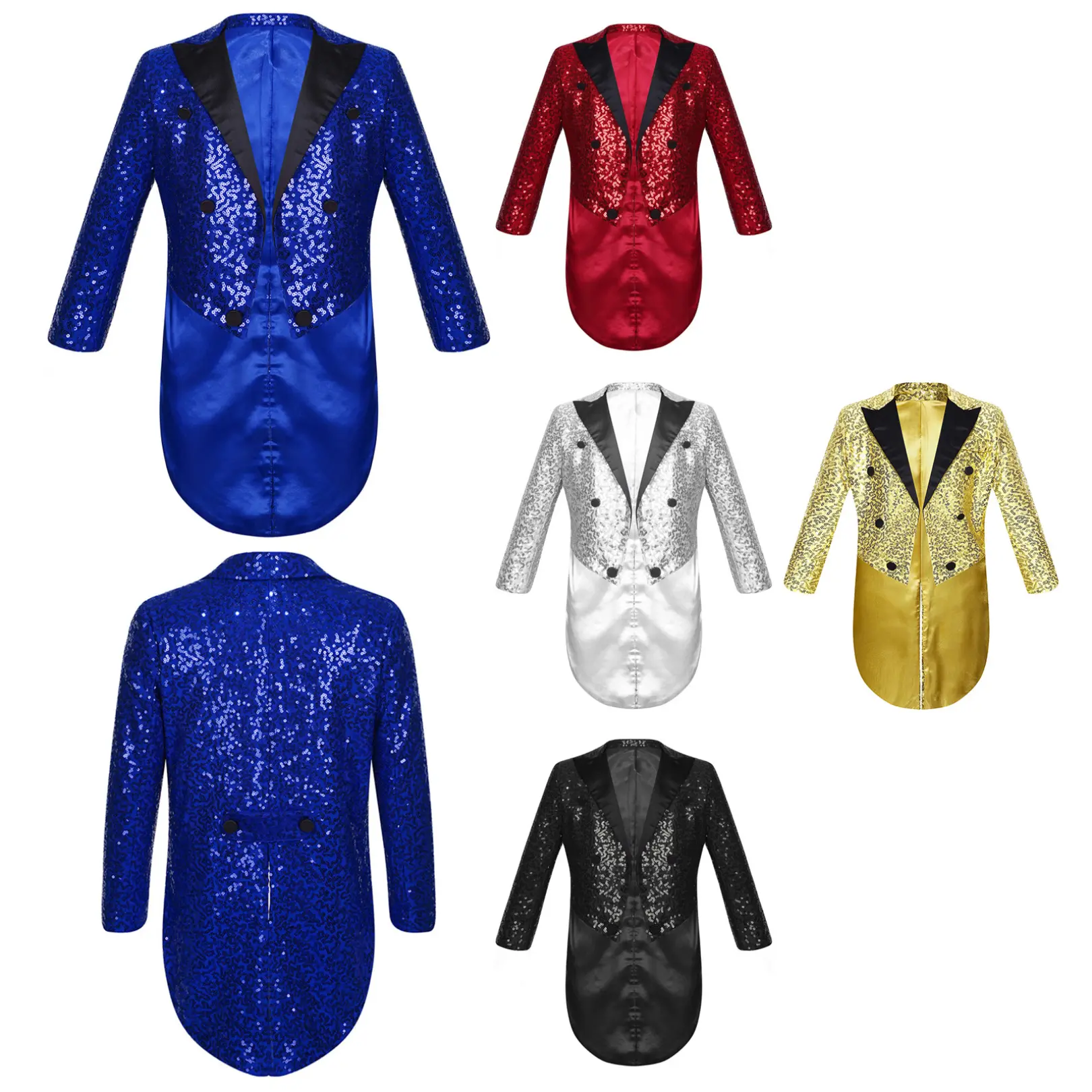 easyforever Boys' Formal Full Sequins Open Front Lightweight Tuxedo Tailcoat Swallowtail Blazer, Kids' Evening Wear for Dinner Party Wedding, Peaked Lapel, Sizes 6-14, Tailcoat Suit, Dancing, Long Sleeve, Double Breasted, Circus