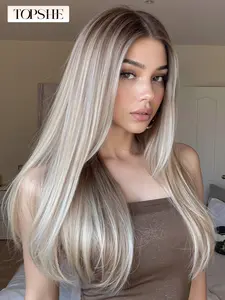 Topshe 13x6 Lace Front Wig, Glueless Half Wig, Glueless Frontal Wig, Straight Wigs, Straight Balayage Blonde Platinum Color, Heat Resistant Hair, All Seasons, Party Christmas Halloween Valentine's Day