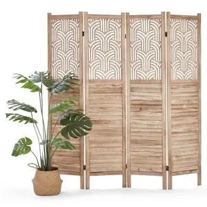 【GARVEE】4 Panel Wooden Room Divider, 67 Inch Tall Decorative Cutout Privacy Screen, Freestanding Foldable Partition for Bedroom, Living Room, Office in Natural Finish