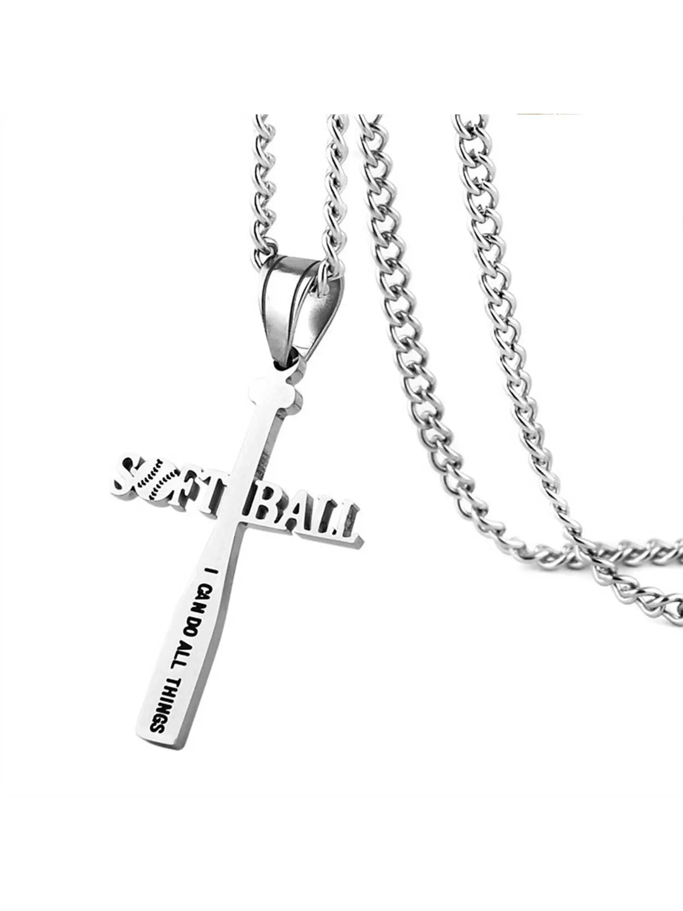 Softball Bat & Cross Design Pendant Necklace, Cuban Cross Necklace, Cross Charm Necklace, Stainless Steel Jewelry for Party, Daily Clothing Decor, Trendy All-match & Exquisite Jewelry for Birthday Gift, Stainless Steel Necklaces