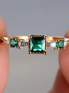 Cute Female Square Green Stone Thin Rings For Women Gold Color White Zirconia Stacking Wedding Bands Party Jewelry