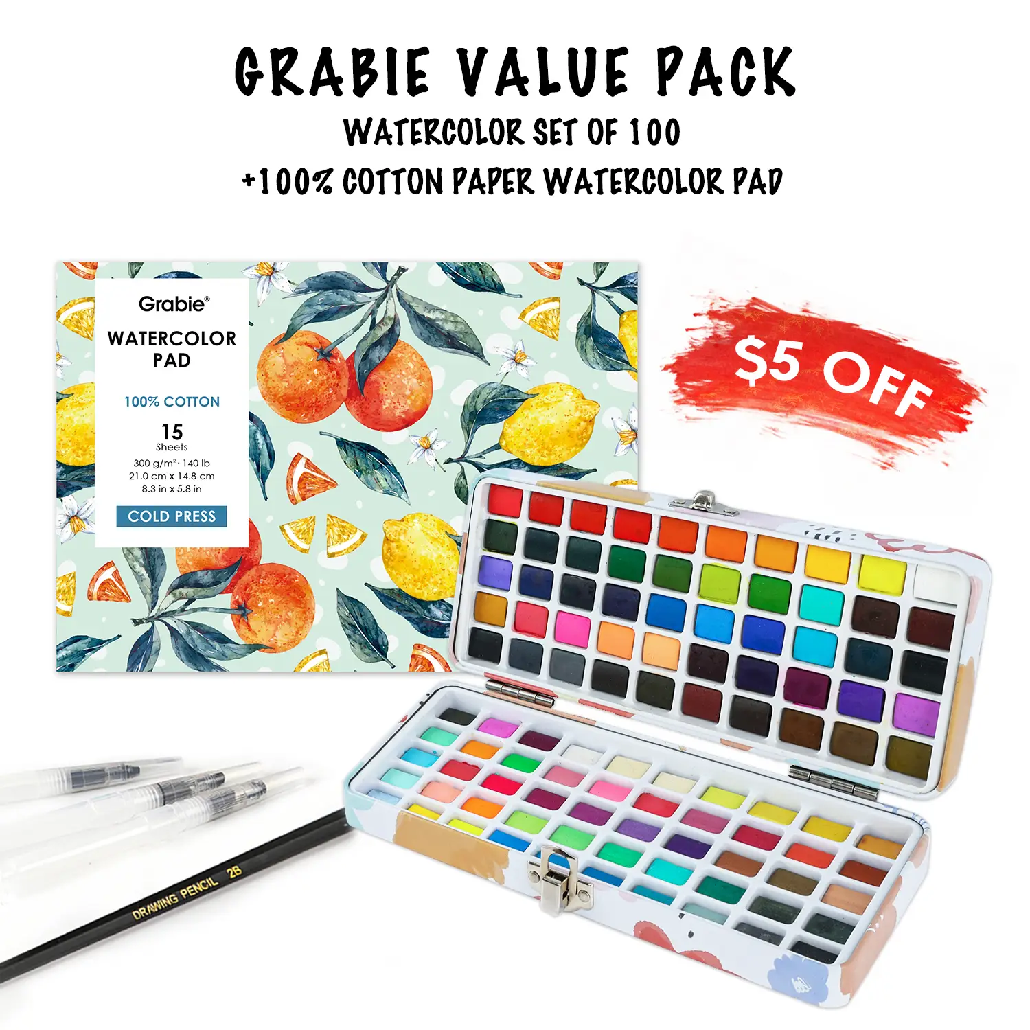 Grabie Value Pack - Watercolor Set of 100 + 100% Cotton Paper Watercolor Pad, art materials, TikTokShopRestock, FallFreshness