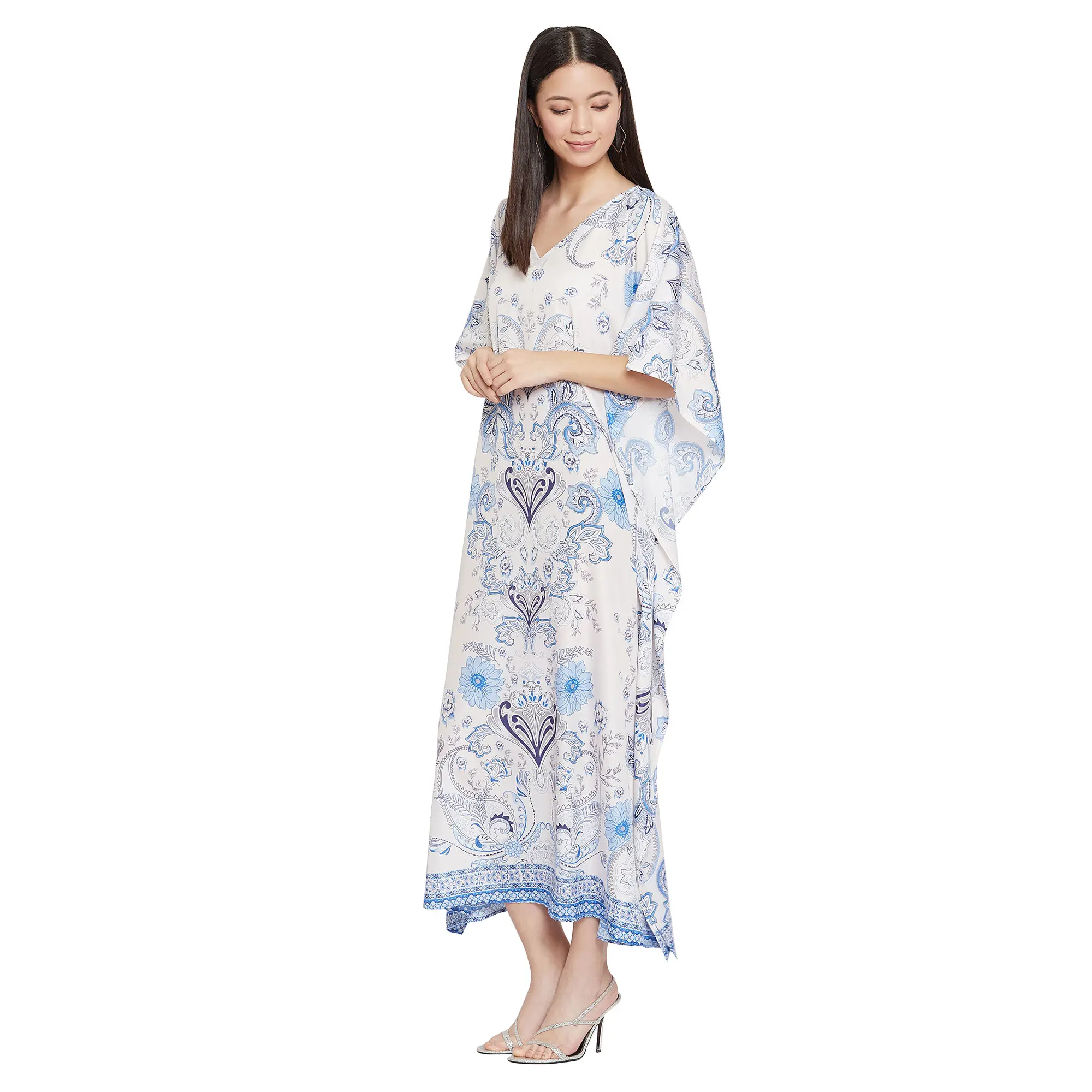 Gypsie Blu Beach Cover Up Kaftan for Women Polyetser Floral Printed Lightweight Soft Comfortable Kaftan White One Size Fits Most