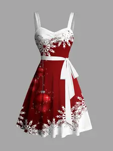 2024 Women's Christmas Dresses Sweetheart Neck Snowflake Bell Contrast Print Ruched Bust Tank Belt Festival Dress
